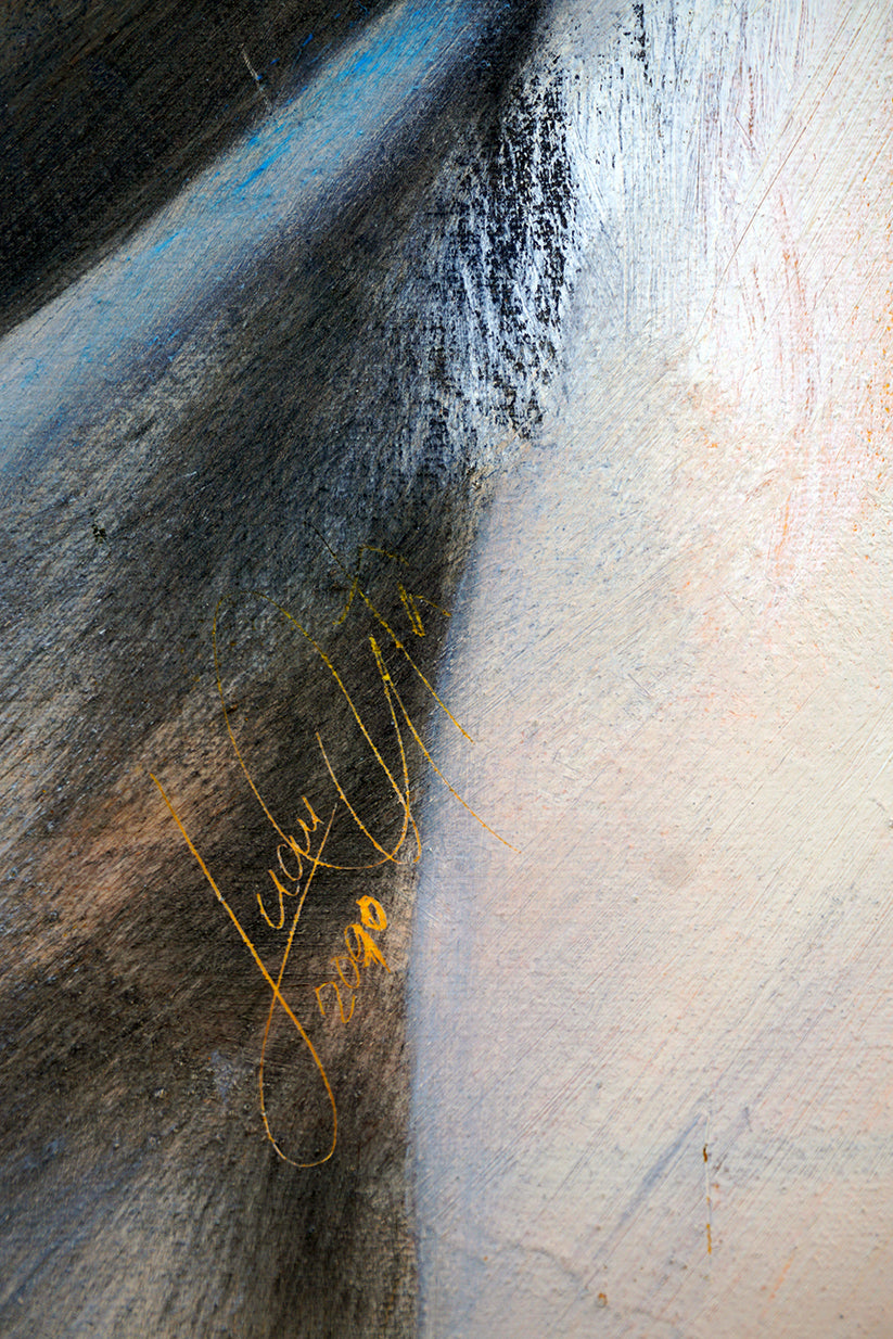 Detalle de la abstracción en tonalidades naranjas y grises