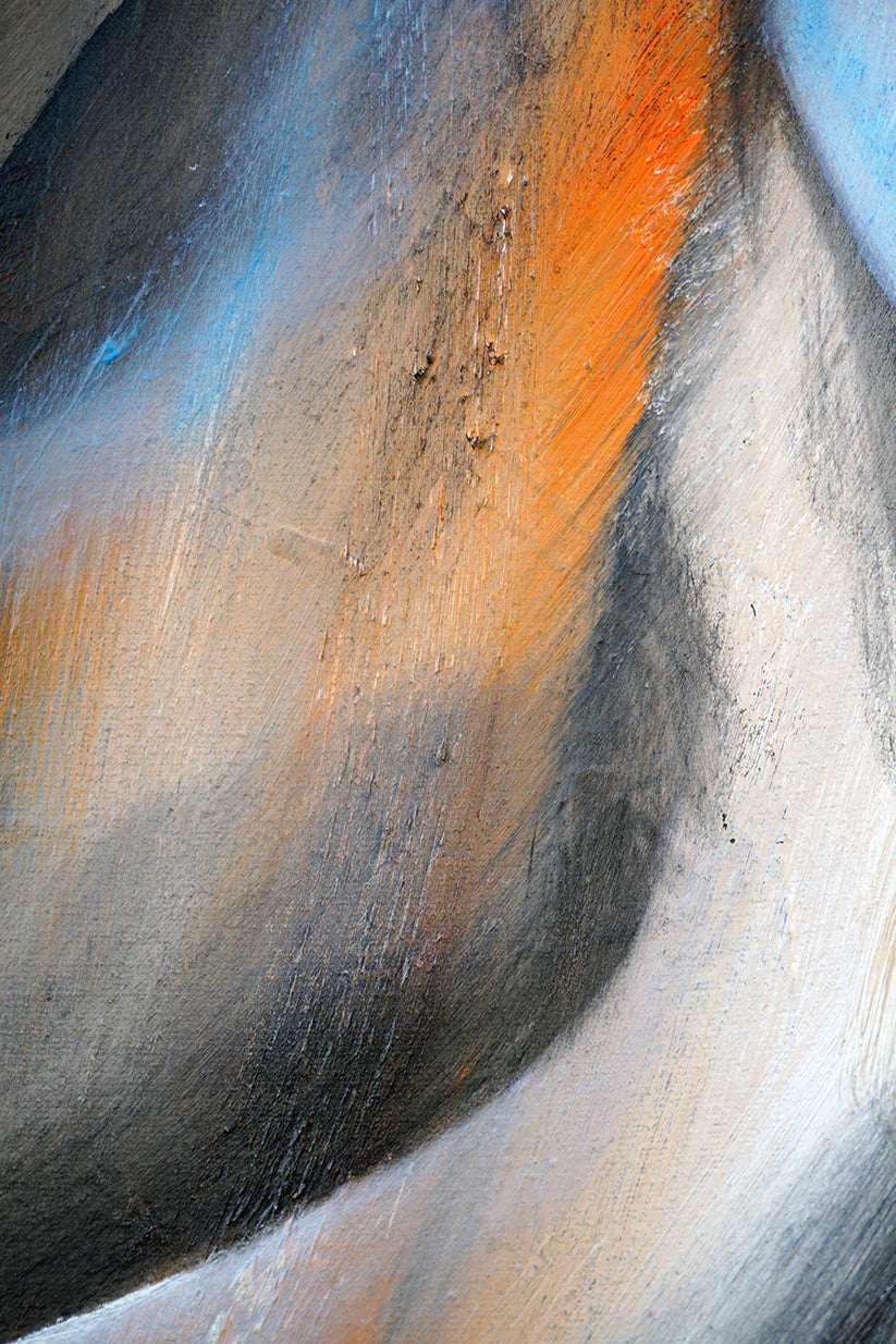 Detalle de la abstracción en tonalidades naranjas, azules y grises
