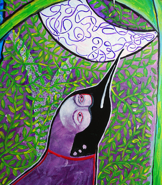 Ilustración de estilo primitivista con cabeza de pájaro y rostro humano