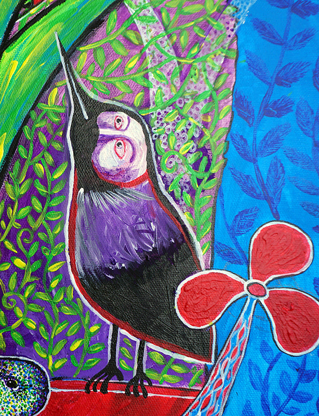 Ilustración estilo primitivista de un pájaro con rostro humano sobre fonde vegetal.