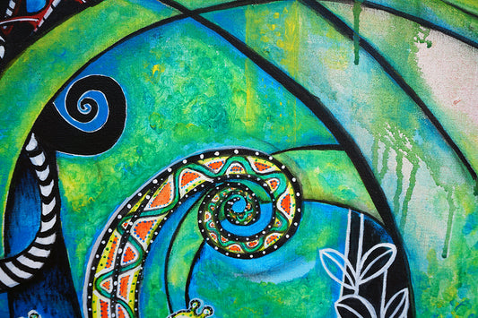 Detalle de espiral primitivista de la cola de una salamandra