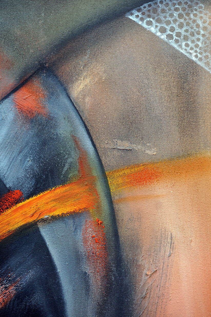 Detalle de abstracción con tonos anaranjados y grisáceos. Se aprecian los empastes y trazos de la pincelada
