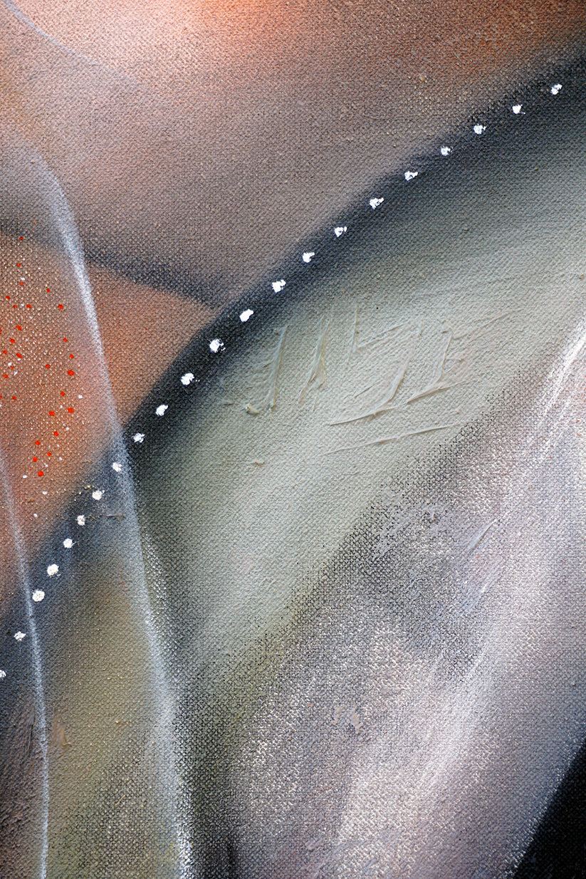 Detalle de abstracción con tonos anaranjados y grisáceos. Se aprecian los empastes y trazos de la pincelada