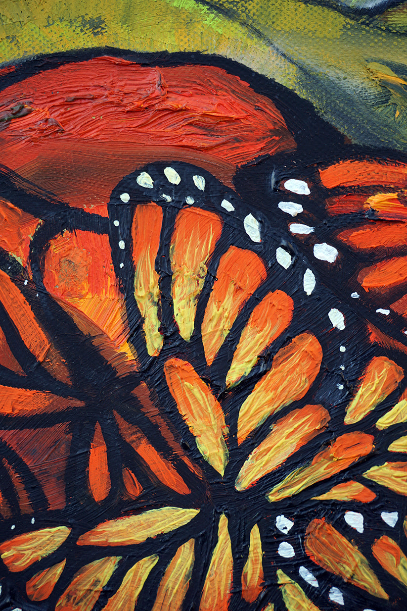 Mariposas monarca sobre fondo de vegetación, estilo impresionista