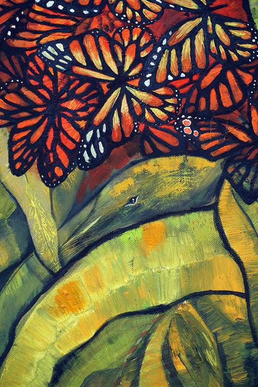 Mariposas monarca sobre fondo de vegetación, estilo impresionista