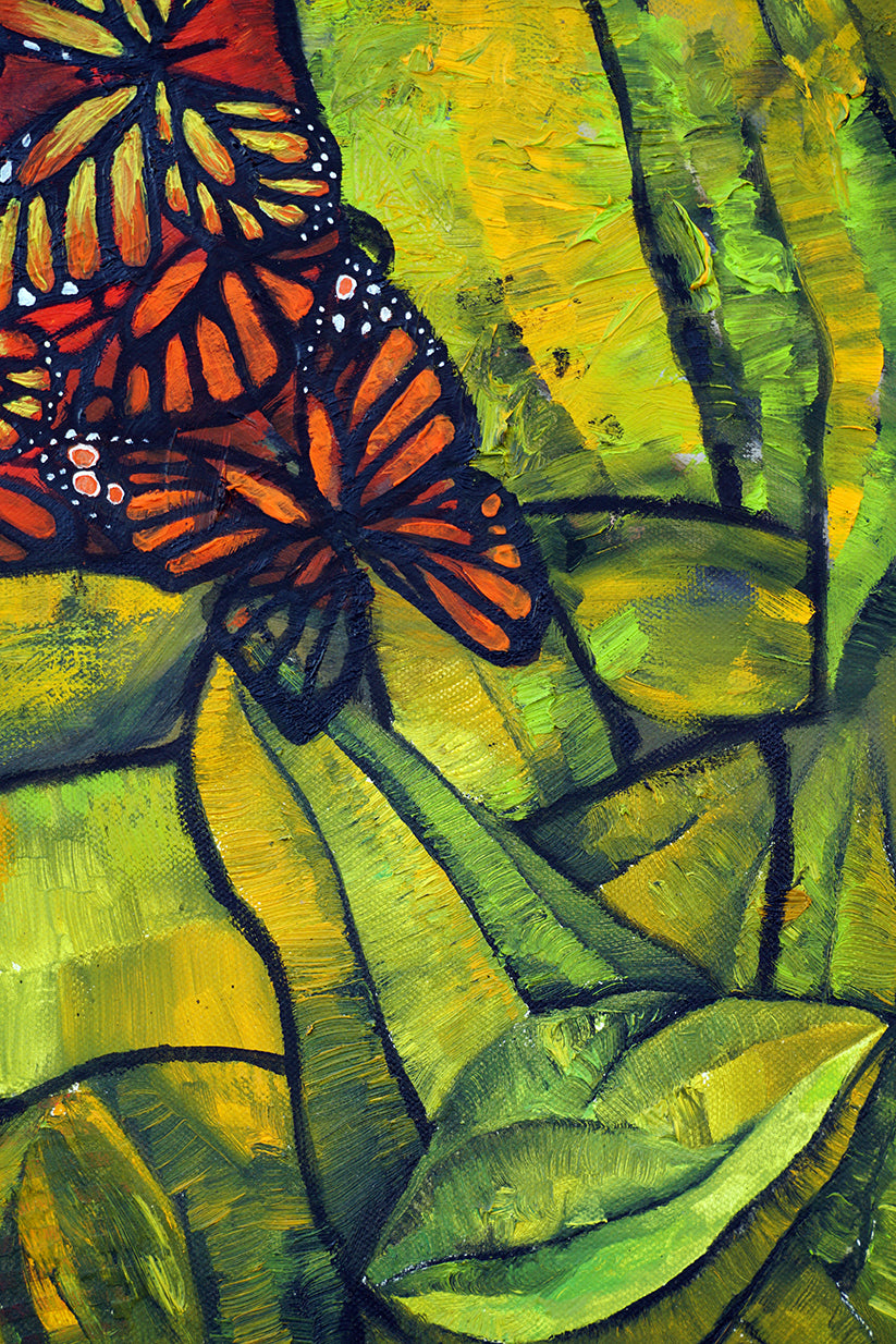 Mariposas monarca sobre fondo de vegetación, estilo impresionista