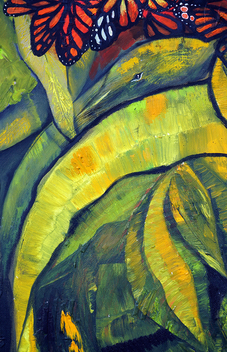 Mariposas monarca sobre fondo de vegetación, estilo impresionista