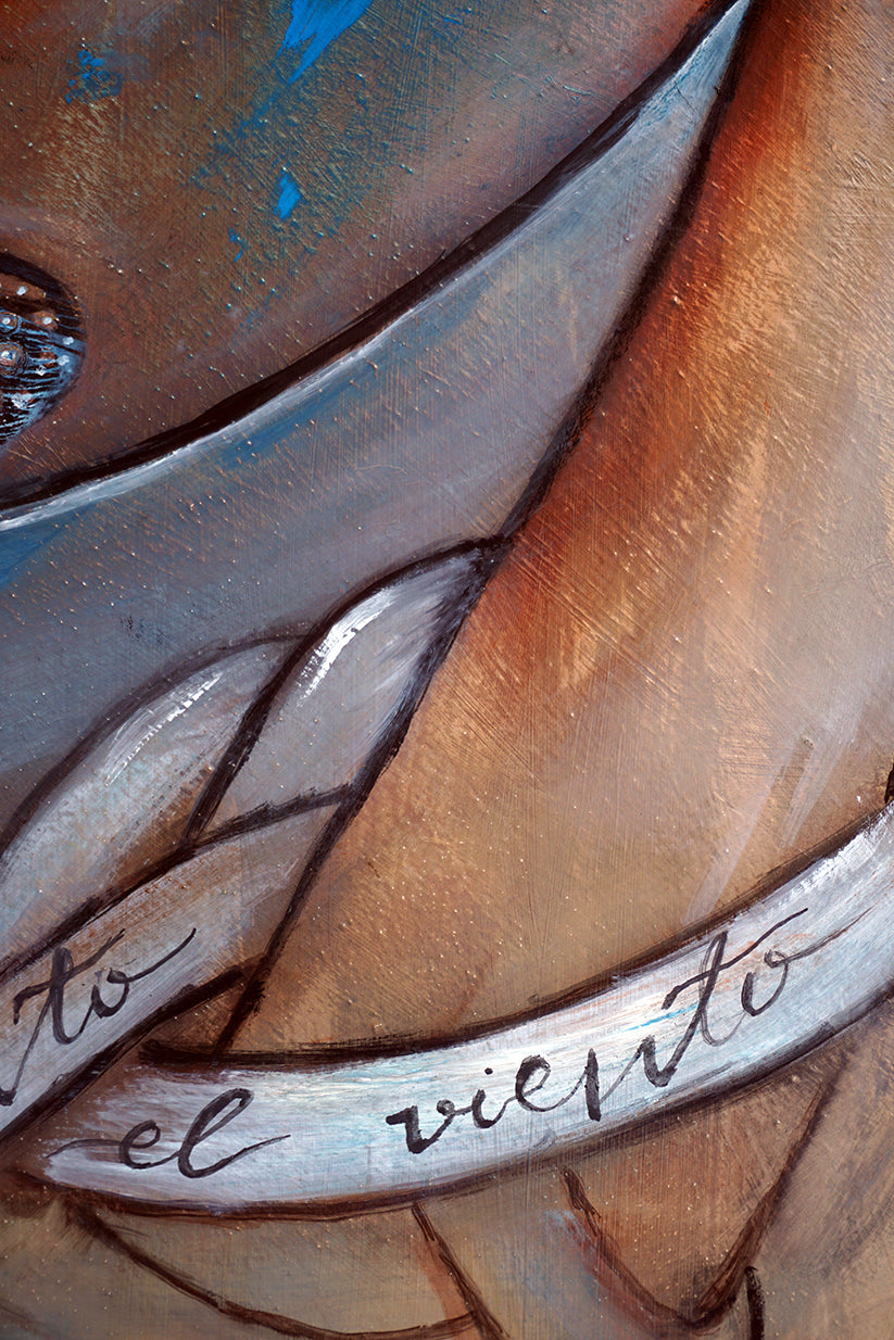 Detalle del título escrito sobre el lienzo