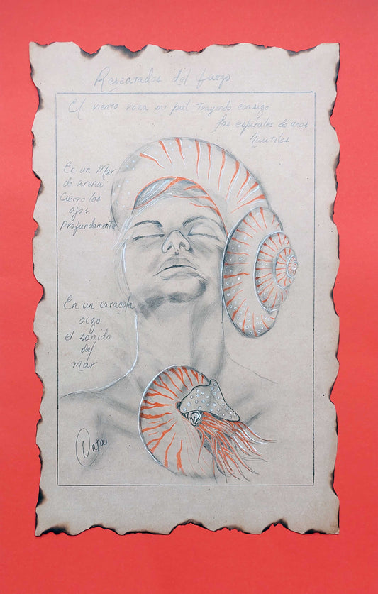 Dibujo de cabeza de mujer con nautilo sobre ella. Otro nautilo está situao sobre su pecho. Anotaciones escritas a mano. Fondo naranja .