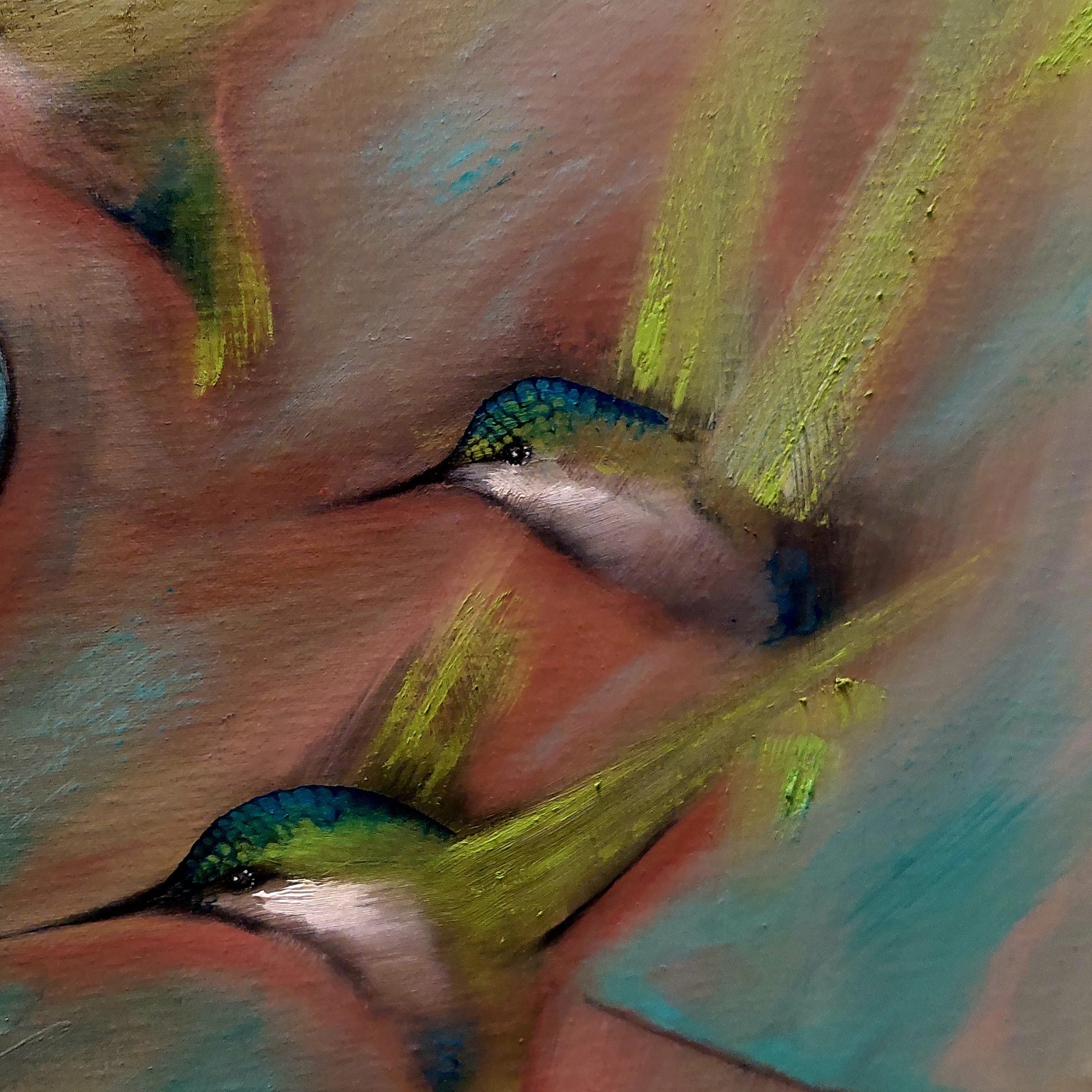 Dos colibrís mezcla de abstración y figuración. Se aprecia el trazo del pincel que representa las alas