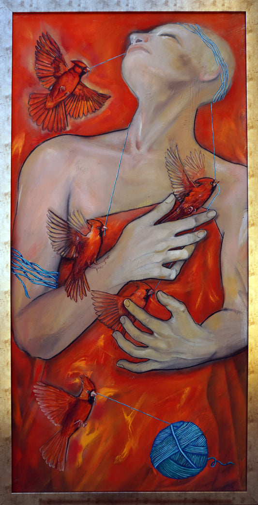Figura humana rodeada de cardenales sobrevolando a su alrededor tirando de la hebra de un ovillo azul