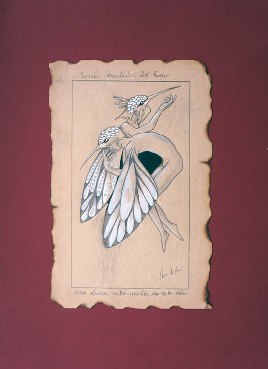 Dibujo de dos figuras aladas con cabeza de colibrí a punto de alzar el vuelo. Fondo rojo