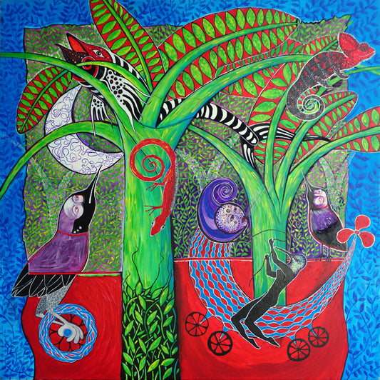 Ilustración de estilo primitivista con diferentes juguetes inventados con forma de pájaro, arlequín sobre ruedas y mujer colibrí en el bosque.
