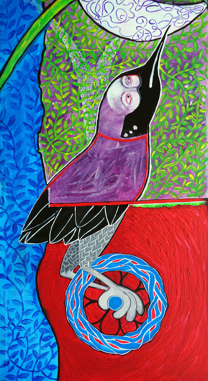 Ilustración de estilo primitivista de pajaro con rostro humano pedaleando sobre una rueda sobre fondo rojo y vegetal