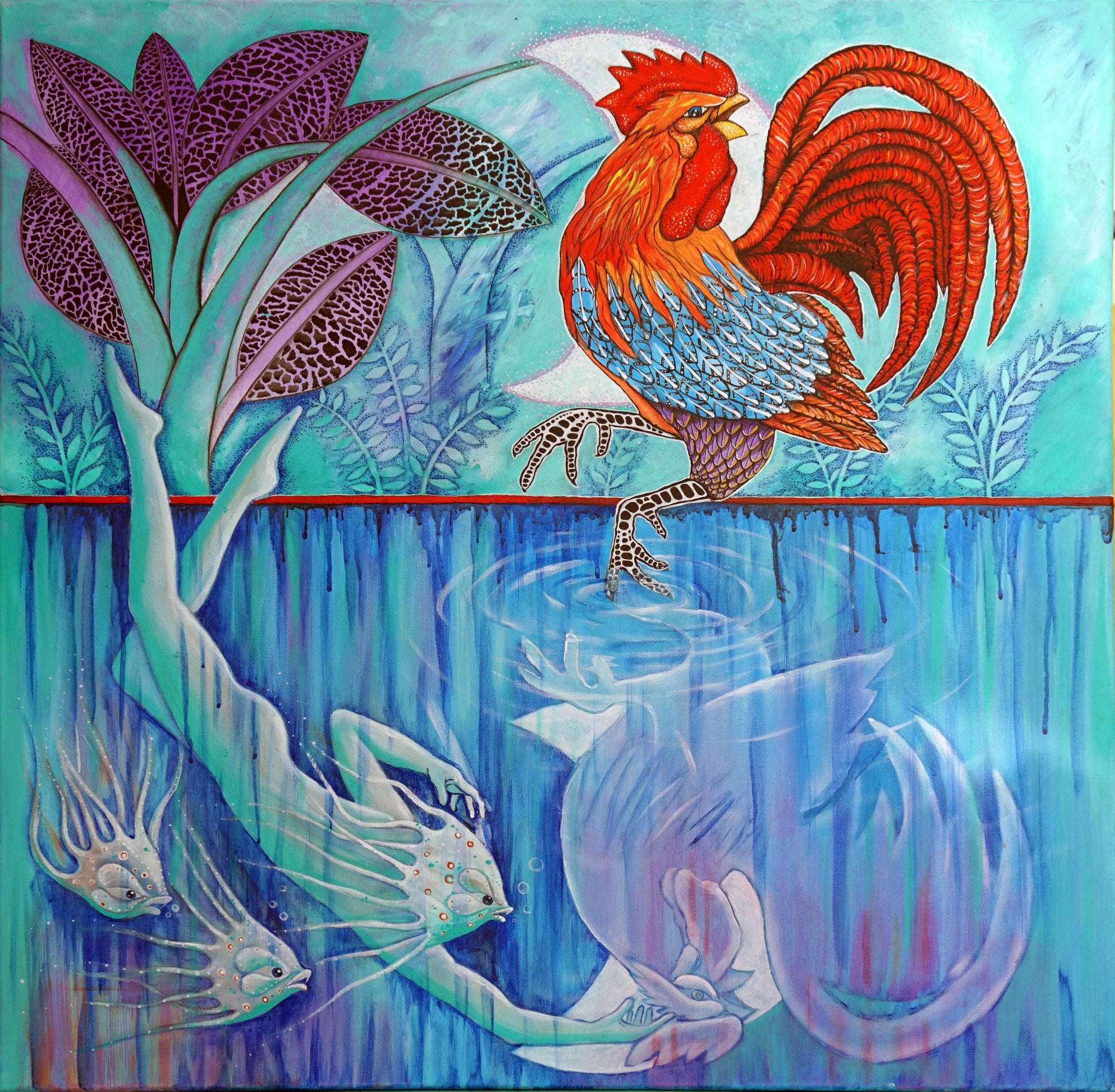 Ilustración de una gallo reflejado en el agua bailando con uns medusa, abstracción y primitivismo.
