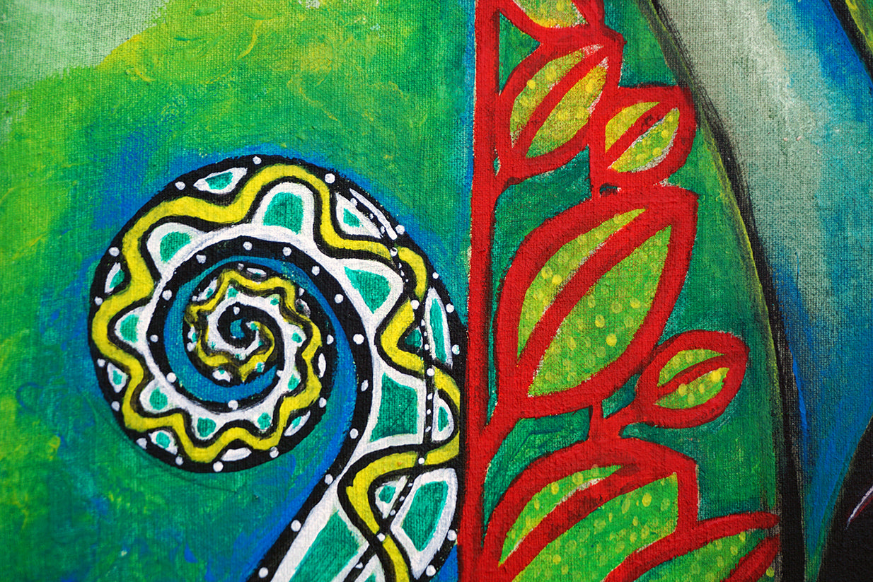Detalle de espiral de la cola de la salamandra y hojas de estilo primitivista