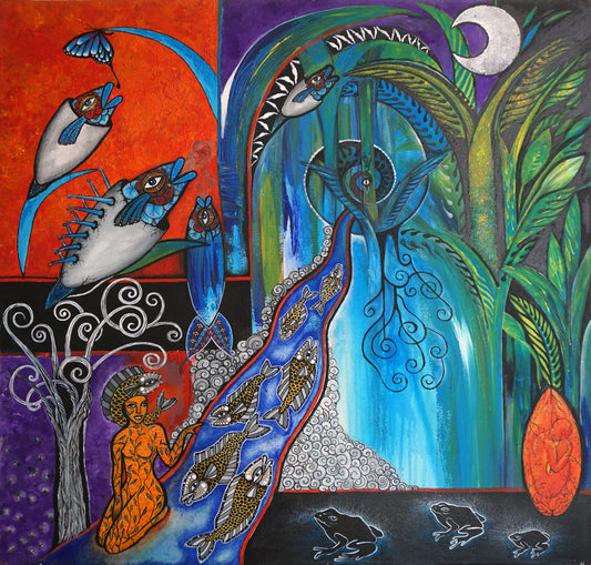 Ilustración estilo primitivista de un paisaje en la naturaleza con río y peces sobre el que se sienta una mujer con sambrero de pez, su cuerpo esta decorado con hojas y escamas de color naranja. Peces emergen de cáscaras de huevo. También se pueden ver ranas y una mujer dentro de una semilla. Fondo vegetal.