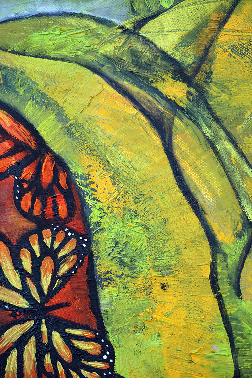 Mariposas monarca sobre fondo de vegetación, estilo impresionista