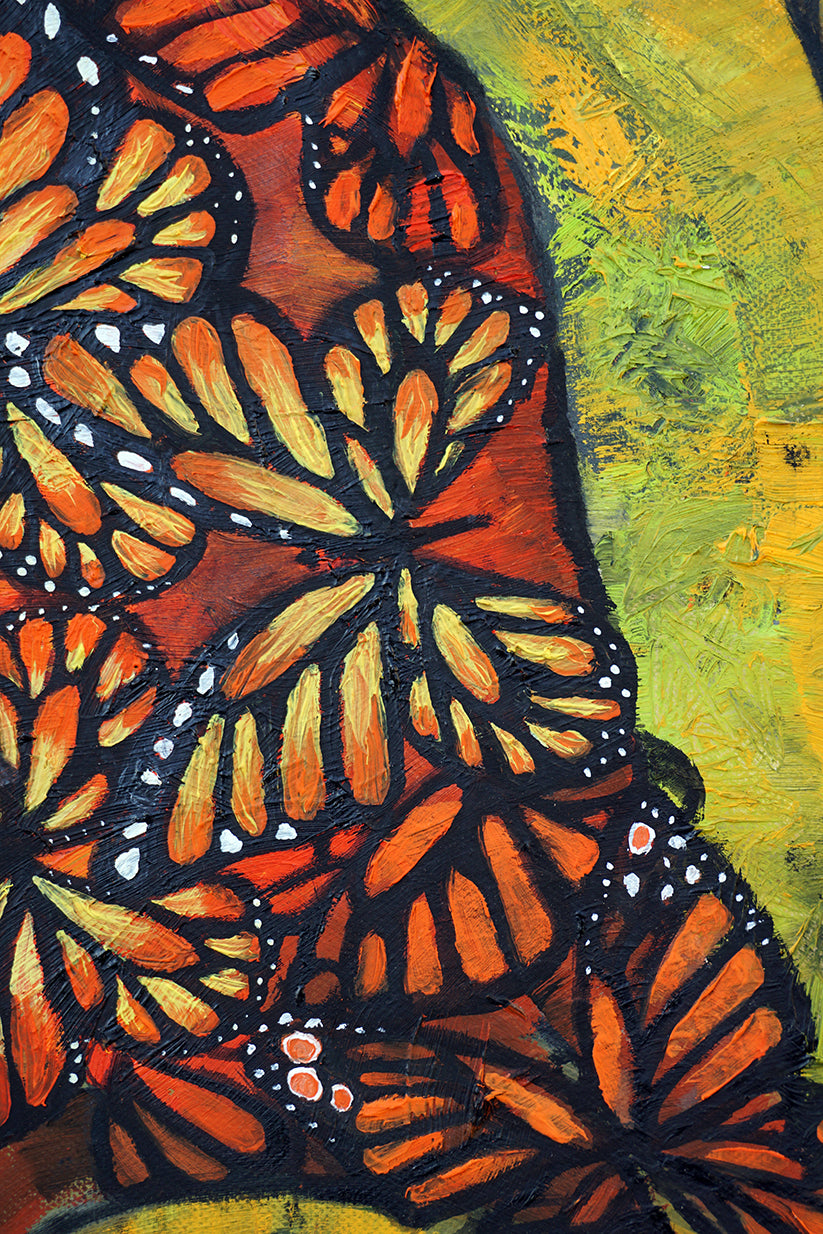 Mariposas monarca sobre fondo de vegetación, estilo impresionista