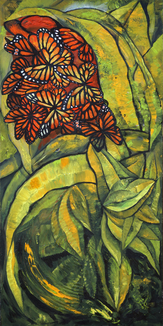 Mariposas monarca sobre fondo de vegetación, estilo impresionista