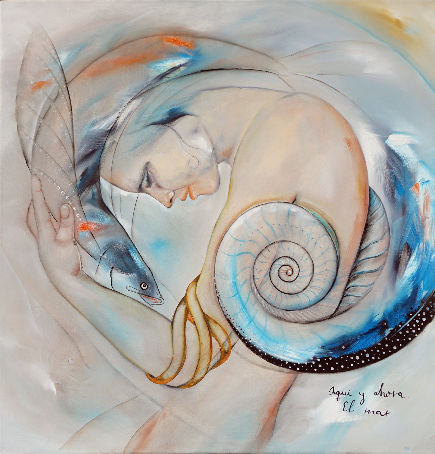 Representación de una figura femenina de perfil, caracola y peces voladores en composición circular en tonos pastel, azul y negro
