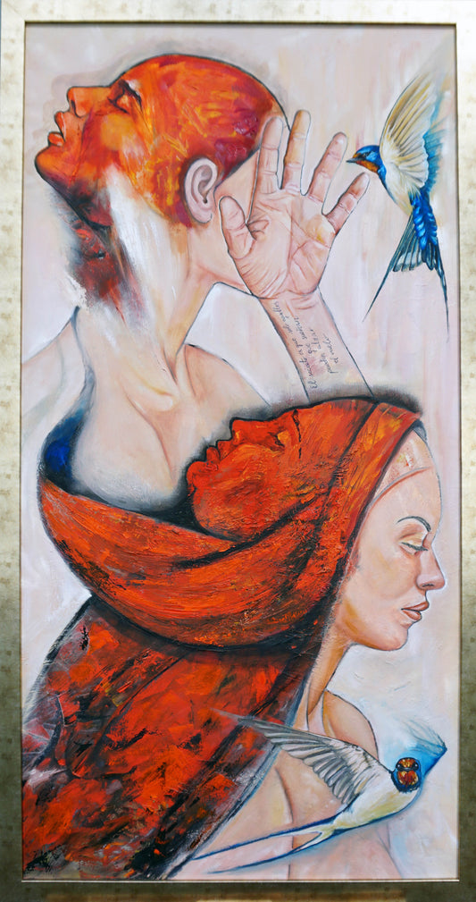 Representación de dos mujeres, una de ellas cubre su rostro con una mano y como tapandose mientras conversa con una  de las dos golondrinas. Ámbas mujeres tienen una máscara sobre sus cabezas.