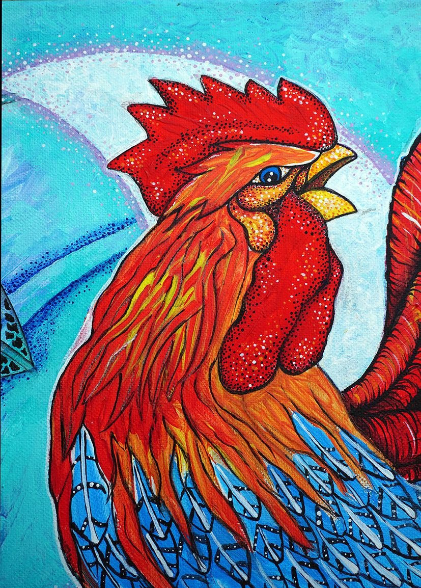 Detalle de la cabeza del gallo con decaración puntillista