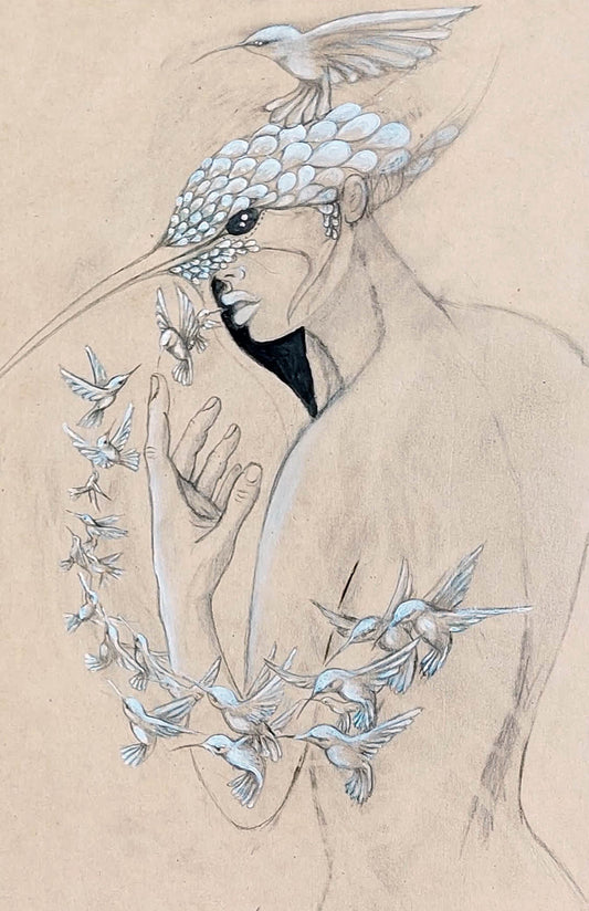 Dibujo de figura femenina con gorro de colibrí. Una hilera de pequeños colibries revolotean en su entorno.