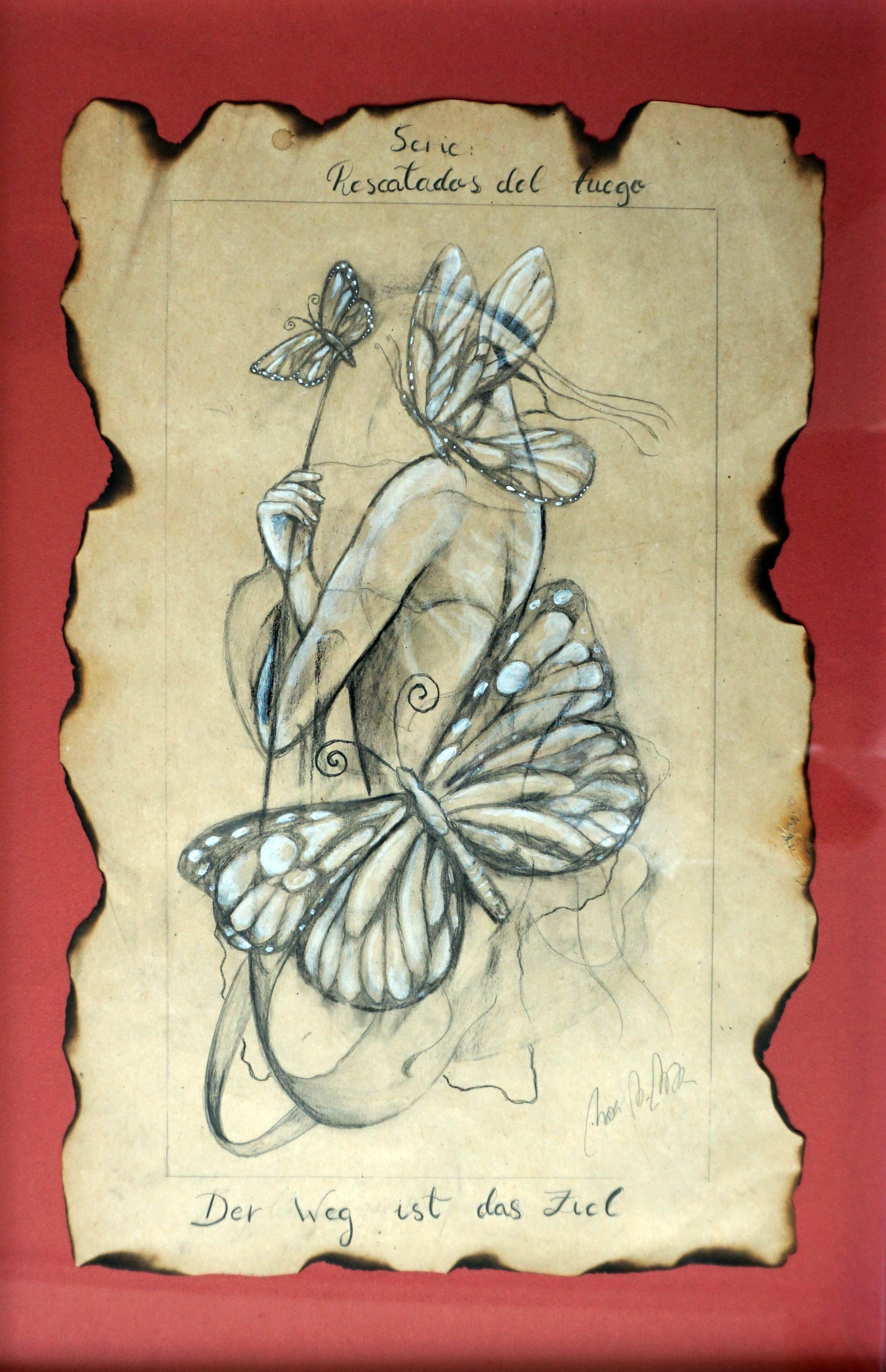 Dibujo de figura femenina con mariposas y fondo rojo